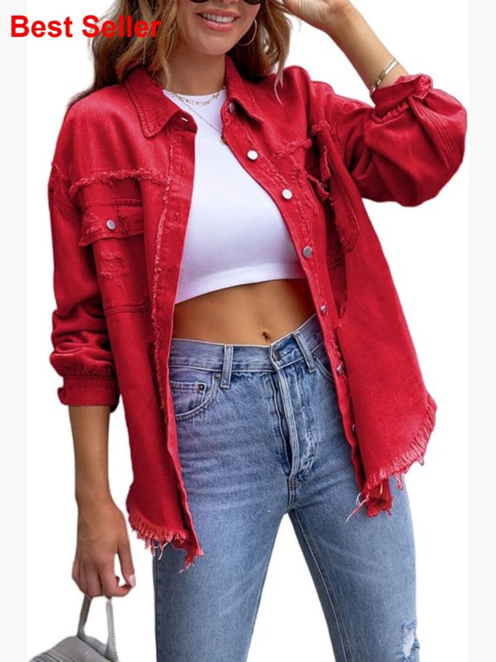 Oversized Ripped Denim Jacket Frayed Hem Button Front Boyfriend Jean Shacket